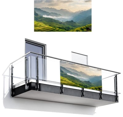 Balkonscherm 200x110 cm - Balkonposter Rijstvelden - Bergen - Groen - Natuur - Balkon scherm decoratie - Balkonschermen - Balkondoek zonnescherm