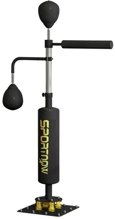 Boksstandaard - 2 Speedballen, Draaibare Boksstang, Trapkussens - in Hoogte Verstelbaar - Reflextrainer - Reflexstang - Boksbal Staand - Bokszak - Bokspaal - Boxing - Staal - 107x36x140-205 cm - Zwart
