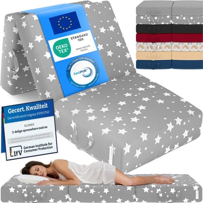 ELONEO Opvouwbaar Matras - 3-Delig Vouwmatras, Extra Dik 15 cm Schuim, Wasbaar en Draagbaar Logeermatras voor Volwassenen, Eenpersoonsbed (Stergrijs, 75 x 195 x 15 cm)