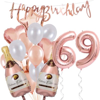 69 Jaar Verjaardag Cijferballon 69 - Feestpakket Snoes Ballonnen Pop The Bottles - Rose White Versiering