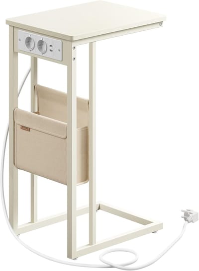 MAZAZU - Bijzettafel - Met opbergtas - Met stopcontacten - Creme wit - 40x30x62