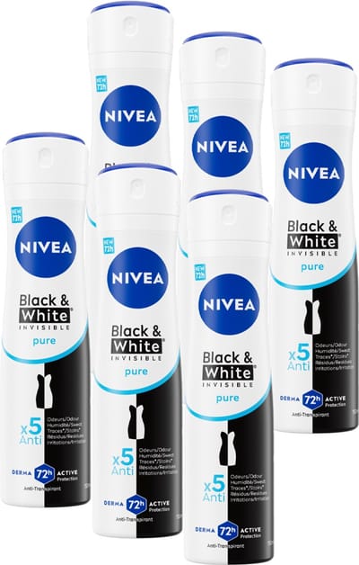 NIVEA Black & White Pure Deodorant Spray - Anti-Transpirant - 72u bescherming - voorkomt vlekken - Voordeelverpakking - 6 x 150 ml
