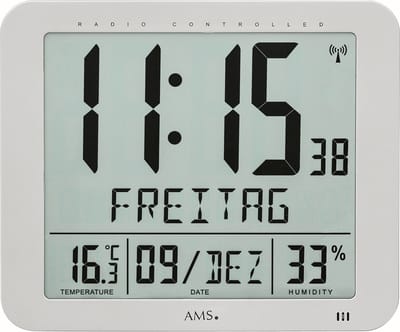AMS F5884 - Wandklok - Tafelklok - Digitaal - Kunststof - Radiogestuurde tijdsaanduiding - LCD - Temperatuur - Vochtigheid - Zilverkleurig