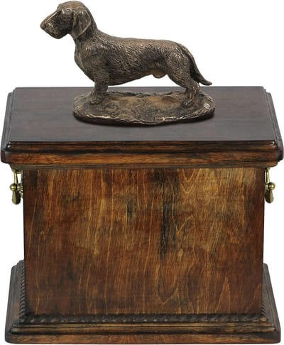 Urn voor de as van een teckel - elegante urn met beeldje in klassieke stijl