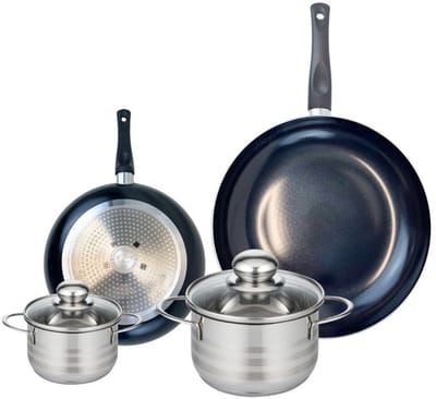 Set van 2 Koekenpannen 20 en 28 cm en 2 kookpotten 12 en 16 cm Elo Prima Glanzend