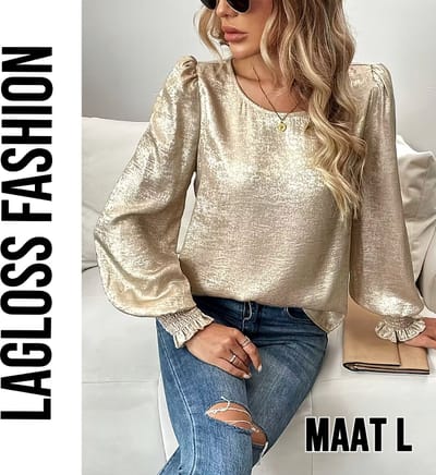 LaGloss® Dames Goud Metallic Blouse met Ronde Hals en Ballonmouwen – Chic – Casual - Lente/herfst /winter – Maat L