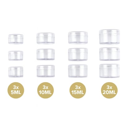 Plastic Potjes met Deksel 3x 5ml – 3x 10ml – 3x 15ml – 3x 20ml – Cosmetica & Sample Potjes – Crème / Pillen – Reisverpakking - 12 stuks