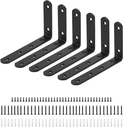 Set van 6 Hoekverbindingen, L-vormige Hoekbeugels, Zwarte Hoekstukken met Schroeven en Expansiebuis, 120 x 75 x 20 mm voor Meubelmontage en Constructie