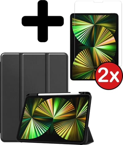Hoesje - Geschikt voor Apple iPad Pro (2021) - 12.9 inch - Met Screenprotector - Trifold Bookcase Hoes - Hard Cover Case - Met Uitsparing Geschikt voor Apple Pencil - Hardcover Book - Tablethoes - Zwart