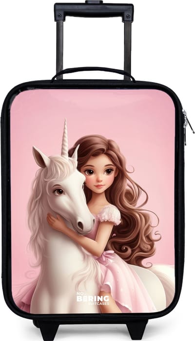 NoBoringSuitcases.com® - Kinderkoffer jongen - Kindertrolley meisje - Meisje met witte eenhoorn op roze achtergrond - Koffer kind lichtgewicht - Reiskoffer trolley voor kinderen - Koffertje met lichtgevende wieltjes - Rolkoffer zwart