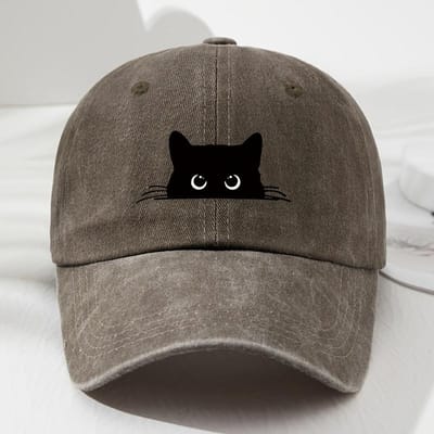 Casquette de Baseball Vintage Lavée Imprimé Chat Mignon pour Hommes et Femmes, Chapeau Polyvalent Décontracté à Visière Courbée Adjustable black