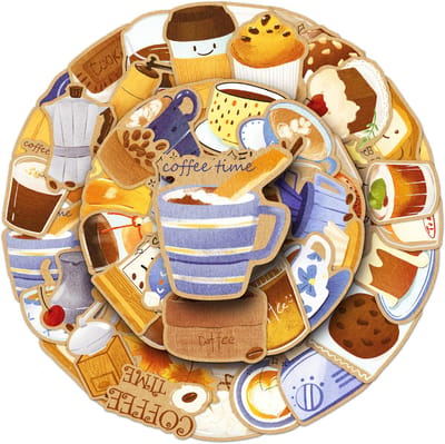 Ainy Koffie Tijd Stickers 50 stuks voor bullet journal, fotoalbum, laptop, telefoon, waterfles en zelfs als muursticker of geschenksticker. Beloningsstickers / knutselen stickervellen voor kinderen en volwassenen | cadeau voor vrouwen