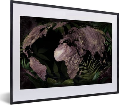 Poster in lijst - Fotolijst 60x40 cm - Posters - Wereldkaart - Paars - Goud - Posterlijst zwart - Decoratie - Wanddecoratie woonkamer - Muurdecoratie slaapkamer