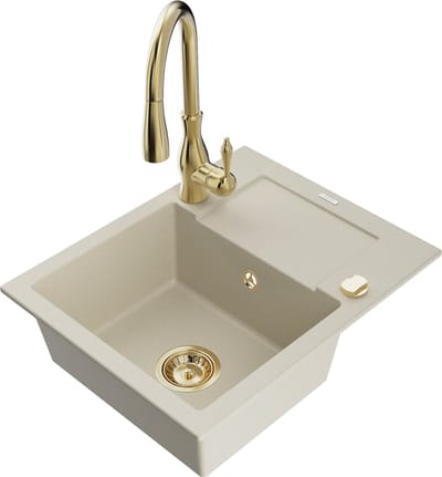 Mexen Enzo granieten spoelbak met 1 bak met afdruiprek en keukenmengkraan Savita, beige - 6506-69-672601-50