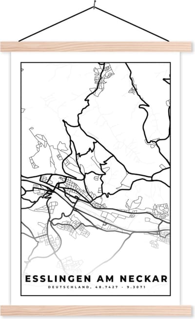 Posterhanger incl. Poster 40x60 cm - Schoolplaat - Esslingen am Neckar - Plattegrond - Stadskaart - Kaart - Textielposter - Blanke latten - Stadskaart