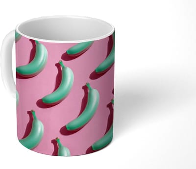 Mok - Koffiemok - Bananen - Patroon - Blauw - Roze - Mokken - 350 ML - Beker - Koffiemokken - Theemok