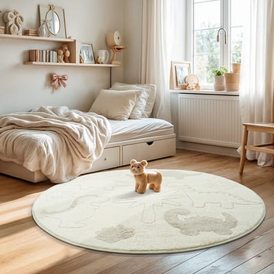 Karpet24 Alina Kids – Schattig Dino Vloerkleed voor Kleine Avonturiers Crème-Ø 120 cm