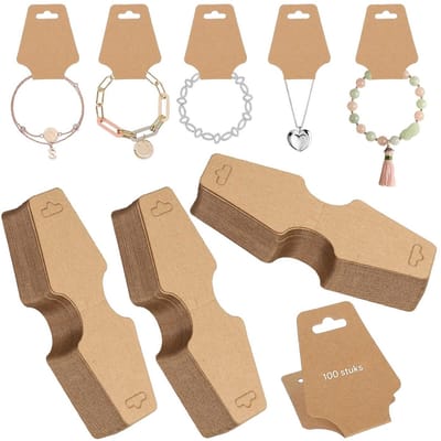 QTTVBTNA 100 Stuks Sieraden Display kaarten – Kraft Kaarten – Zelfklevende Kraft Labels – Sieraden Presentatie Kaarten – 12 × 5 cm – Bruin