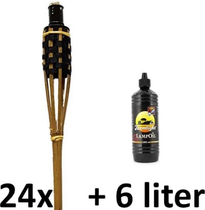 24 stuks Bamboe tuinfakkels 120 cm zwart en lichtbruin (7 uur) met 6 liter fakkelolie