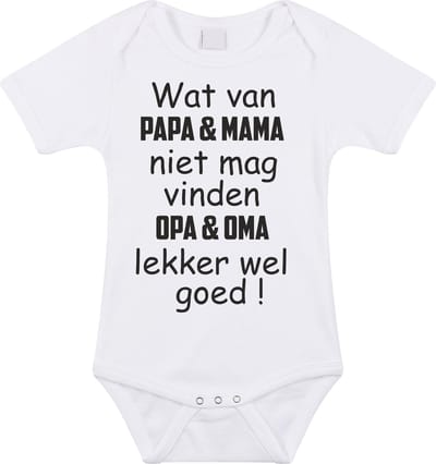 Baby rompertje met leuke tekst | wat van papa mama niet mag vinden opa en oma lekker wel goed |zwangerschap aankondiging | cadeau papa mama opa oma oom tante | kraamcadeau | Maat 56 wit