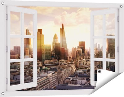 Gards Tuinposter Doorkijk Londen bij Zonsondergang in een Moderne Wijk - 90x60 cm - Tuindoek - Tuindecoratie - Wanddecoratie buiten - Tuinschilderij