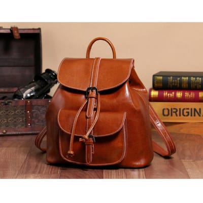 Nieuwe Oliegewaxte Koeienhuid Zakrugzak met Opvouwbare Klep Koreaanse Echte Lederen Tas Dames Tas 28*30*12 beige