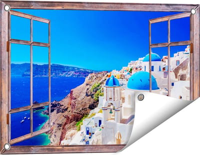 Gards Tuinposter Doorkijk Blauwe Huizen met Koepels in Griekenland - 60x40 cm - Tuindoek - Tuindecoratie - Wanddecoratie buiten - Tuinschilderij