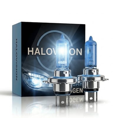 HaloVision Halogeen Koplampen H4 – 12V 3000Lm 5500K Koud Wit – Blauw Glas Super White Dimlicht Grootlicht Halogeenlampen Set van 2 Autolampen