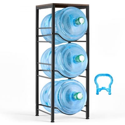 VEVOR metalen waterfleshouder, 4 lagen, voor 3 waterflessen, waterflesrek met opbergvak, waterdispenserrek, watercontainerrek voor keuken, kantoor en woonkamer, zwart en bruin