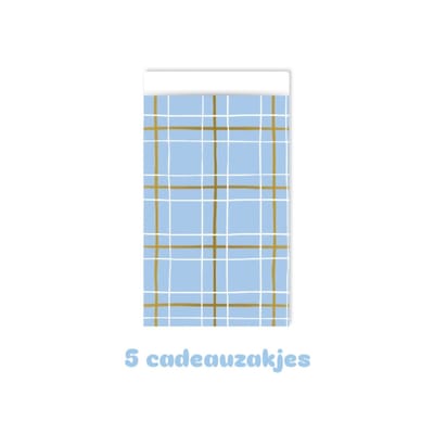 5x Cadeauzakje blauw ruit 12x19cm - goudfolie - vaderdag