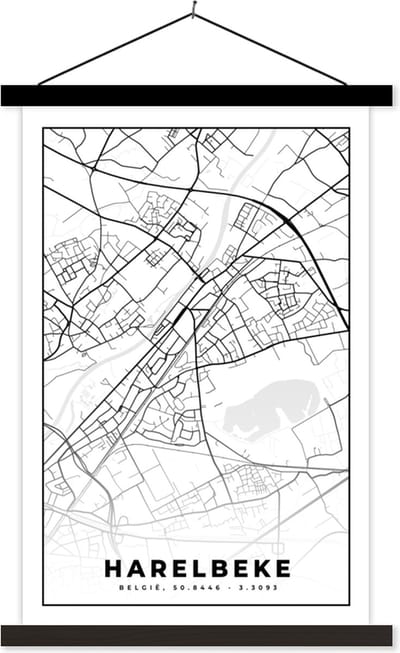 Posterhanger incl. Poster 40x60 cm - Schoolplaat - België – Harelbeke – Stadskaart – Kaart – Zwart Wit – Plattegrond - Textielposter - Zwarte latten - Stadskaart