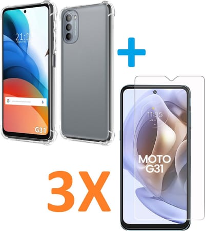 Shockproof Soft TPU hoesje Silicone Case Geschikt voor: Motorola Moto G31 met 3X Tempered glas Screen Protector