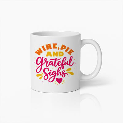 Wine, Pie and Grateful Sighs Mok 330ml – Grappige Thanksgiving Koffiebeker, Perfect Cadeau voor Wijnliefhebbers en Feestdagenfans
