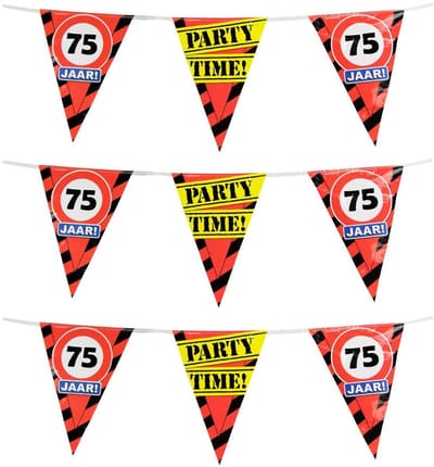 75 jaar verjaardag vlaggenlijn - 3x - 10 meter - stopborden - plastic - versiering - feestartikelen