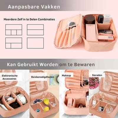 Toilettas - Heren & Dames - Make-up Tasje - Toilettassen met Verstelbare Vakken & Borstelcompartiment - Waterafstotend & Lichtgewicht - Reistas Roze
