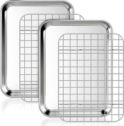 Roestvrijstalen bakplaat set - met 2 bakplaten + 2 koelrekken - giftvrij en makkelijk schoon te maken - voor bakken van koekjes/groenten/cake/kip - gezond en anti-aanbak - voor thuisbakkers - roestvrijstaal kleur - 23,5x17,5x2,5cm - 4-delige set