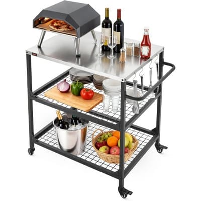 VEVOR Outdoor Grillwagen 80x61 cm (tafelbladformaat), verrijdbare grilltafel met zijhandgreep, 2 gaasplanken en 4 wielen, grillvoorbereidingstafel, serveerwagen voor picknick, keuken en tuin