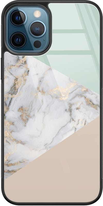 Hoesje geschikt voor iPhone 12 - Marmer pastel mix - Luxe Glazen Hardcase - Marmer - Multi - Leuke Telefoonhoesjes
