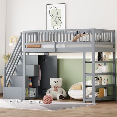 Houten Hoogslaper 90x200 - Met Kast Planken En Opbergruimte - Veiligheidsladder - Grijs