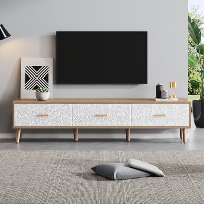 TV Lowboard - 150 x 35 x 39 cm - Vintage Stijl - Witte Deurpanelen - Hout - Licht Hout & Wit