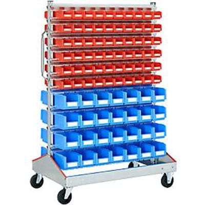 Trolley v. magazijnbakken, tweezijdig, B 1130 x D 710 x H 1705 mm, 120 x 0,7 l rood 56 x 7,5 l blauw