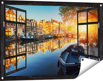 Gards Tuinposter Doorkijk Amsterdamse Gracht bij Zonsondergang - 90x60 cm - Tuindoek - Tuindecoratie - Wanddecoratie buiten - Tuinschilderij