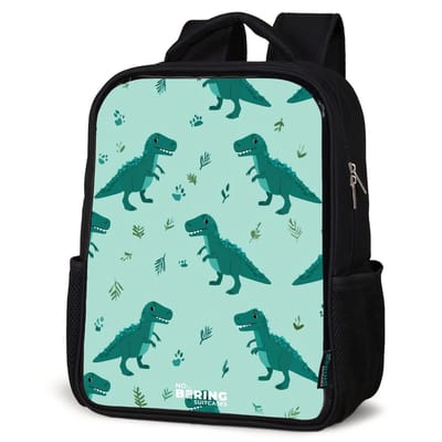 NoBoringSuitcases.com® - Rugzak zwart jongens - Schooltas jongen - NoBoringSuitcases.com® - Rugzak zwart - Schooltas jongen & meisje - Vriendelijke T. rex tussen sporen - Rugtas voor school - Boekentas kind - Schoolrugzak - Kinderrugzak