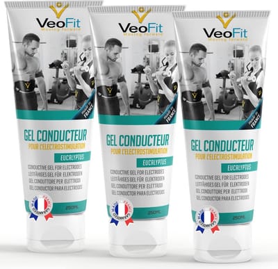 VEOFIT Contactgel met Eucalyptus voor Elektrostimulatie 3*250mL - Made in France - geleidende elektrode gel voor TENS / EMS buikspiergordel - huidbescherming en hydratatie - elektroden therapie