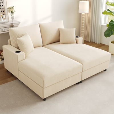 DESMIU Slaapbank 163 X 140 Cm - 2-Zits Met Slaapfunctie, Telefoonhouder, USB En Bekerhouders - Voor Woonkamer En Slaapkamer - Ribfluweel Beige