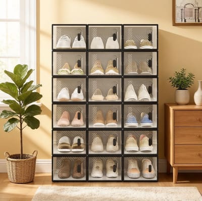 FloraGrace Schoenopbergbox Set - Stapelbare Transparante Schoenboxen - 18 Stuks Voor Hal En Slaapkamer - Kunststof - 25x18,5x35,5 Cm - Zwart