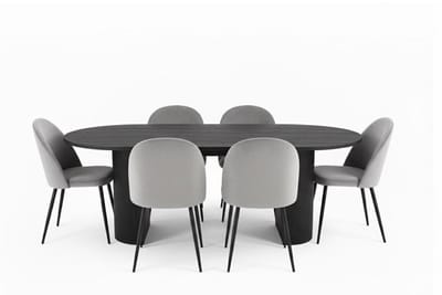 Kyoto eethoek eettafel donkerbruin, 6 stoelen met grijze velours bekleding.