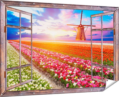 Gards Tuinposter Doorkijk Kleurrijke Bloemenveld met een Windmolen - 180x120 cm - Tuindoek - Tuindecoratie - Wanddecoratie buiten - Tuinschilderij