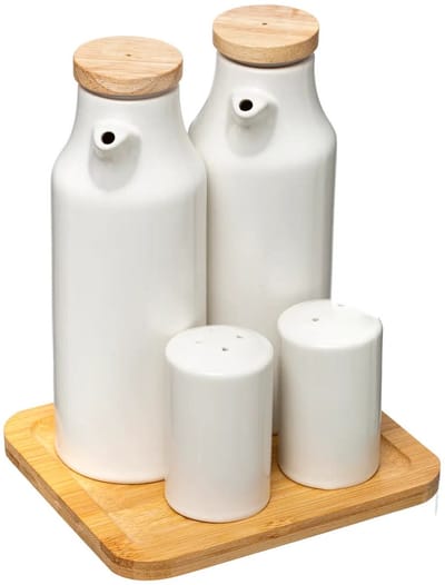 5Five Azijn/Olie flessen tafelset - met peper/zout vaatjes - keramiek/bamboe - wit - modern design