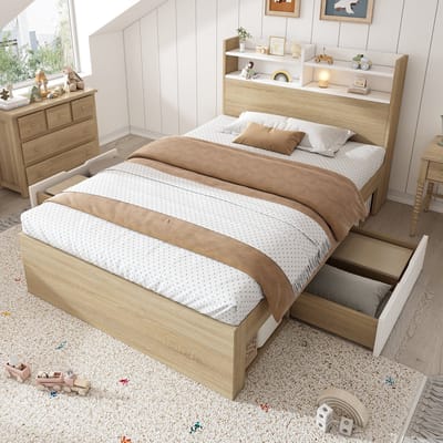 MODFU - Bedframe 90x200 cm – Met hoofdbord met 4 vakken & 2 lades – Wit/Eiken